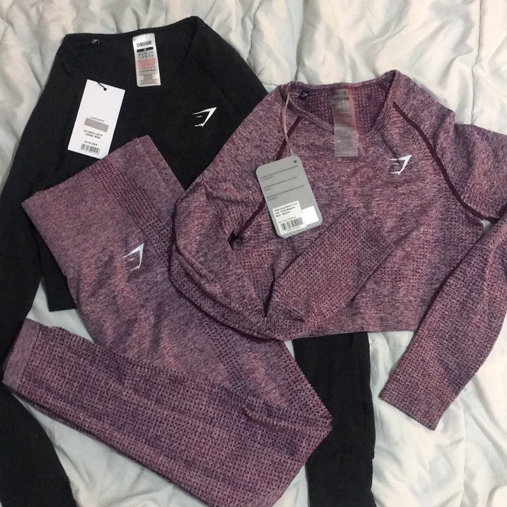 Gymshark seamless purple set with black seamless long sleeve